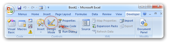 Desgin Mode button in Excel 2007 Ribbon