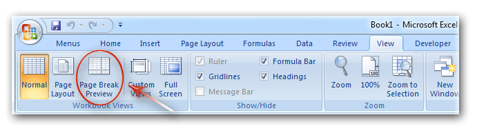 the Page Break Preview button in Excel 2007/2010 Ribbon