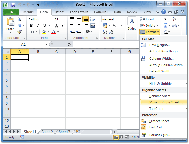 Figure 3: Move or Copy Sheet in Microsoft Excel 2010 Ribbon