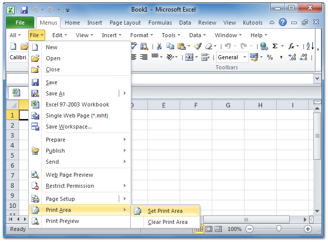 Figure 2: Set Print Area feature in Microsoft Excel 2010's File Menu