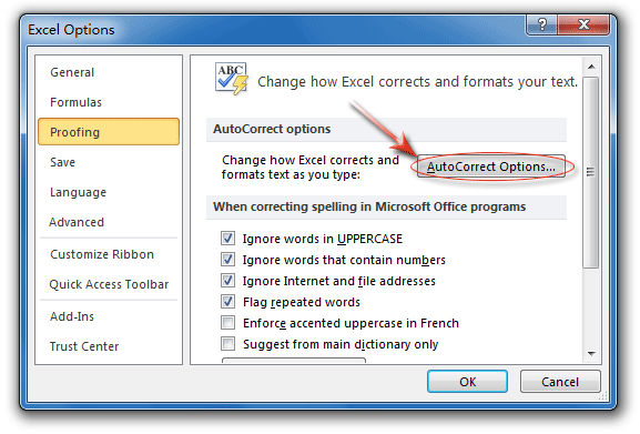 AutoCorrect Options button in Excel Options