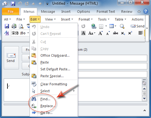 Figure 5: Find item and Replace item in Outlook 2010's Edit Menu