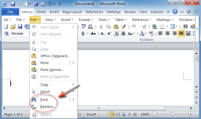Figure 1: Find item and Replace item in Word 2010's Edit Menu