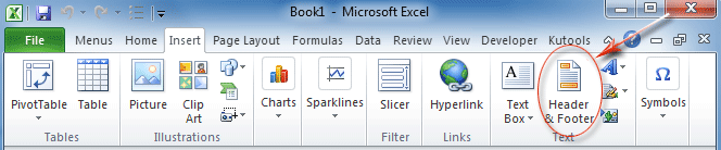 Figure 7: Header and Footer in Excel 2010's Insert Tab