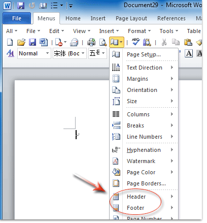 Figure 1: Header and Footer in Word 2010's Toolbar