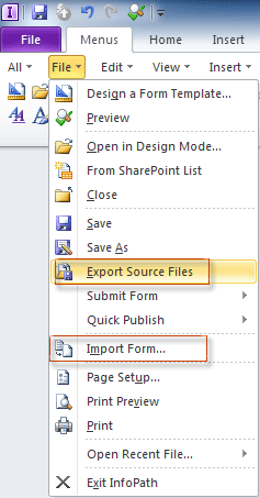 Fig. 1: Import and Export in InfoPath 2010's File Menu