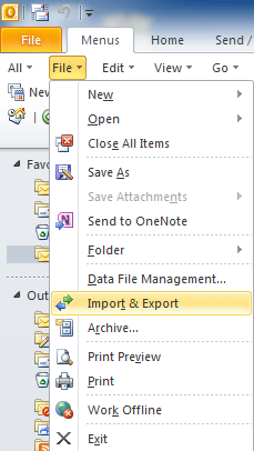Fig. 3: Import and Export in Outlook 2010's File Menu