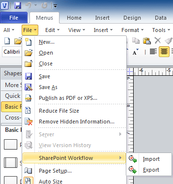 Fig. 9: Import and Export in Visio 2010's File Menu
