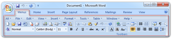 Figure 1:Office 2007's Toolbar under Menus tab in Office 2007's Ribbon