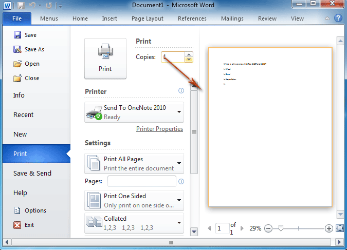 Fig. 3: Print Preview in Word 2010' Ribbon 