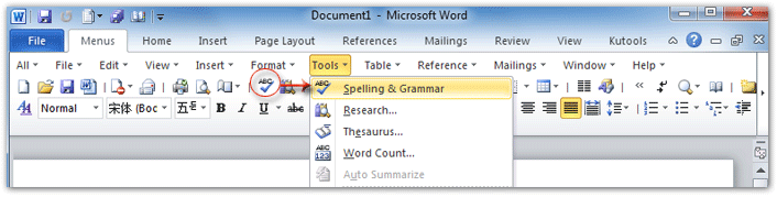 Figure 1: Spelling & Grammar in Word 2010's Tools Menu and Toolbar