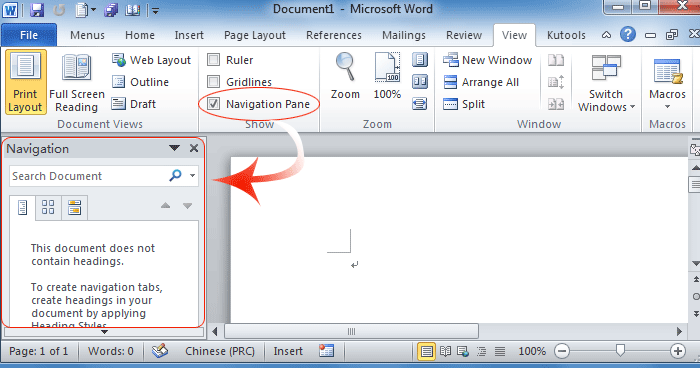 Figure 2: Document Map in Word 2010' Ribbon