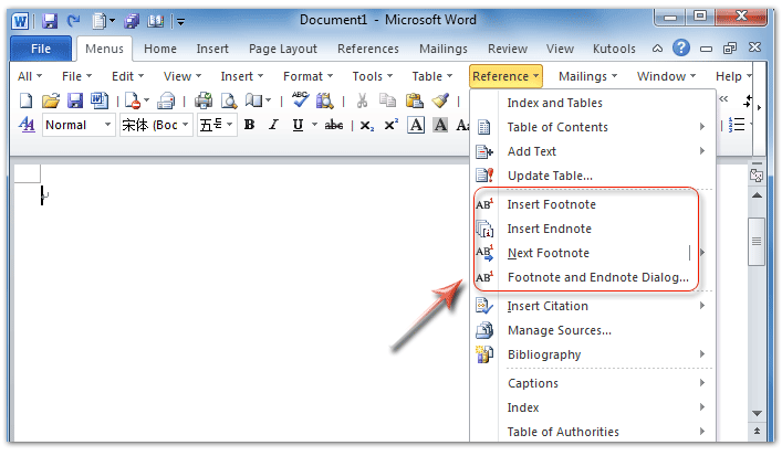 Footnote features in Word 2010's Reference Menu