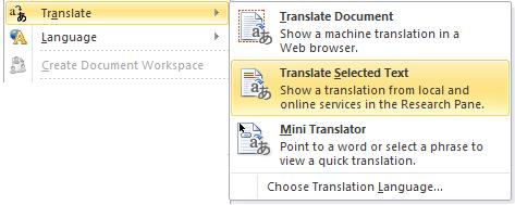 image of Translate in Word 2010
