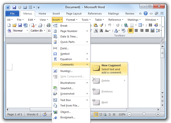 shot: New Comment in Word 2010's Insert Menu