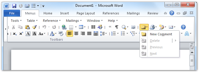 shot: New Comment button in Word 2010's Toolbars
