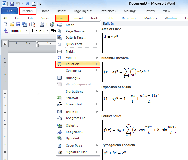 word equation editor shortcuts 2010