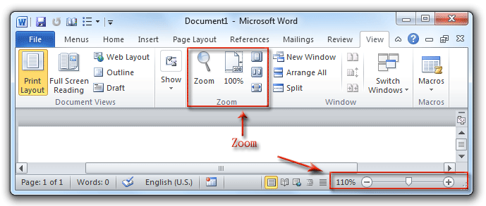 shot: Zoom buttons in Word 2010's View tab